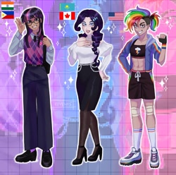 Size: 1862x1848 | Tagged: safe, artist:kuv8sh5, imported from derpibooru, rainbow dash, rarity, twilight sparkle, human, abs, alternate hairstyle, american flag, bag, bedroom eyes, belly button, belt, canadian, canadian flag, clothes, dark skin, ear piercing, earring, eyeshadow, female, filipino, fingerless gloves, flats, glasses, gloves, grin, high heels, hoodie, humanized, indian, jewelry, knee pads, lipstick, makeup, nail polish, necklace, necktie, pants, piercing, ponytail, ring, scar, shirt, shoes, shorts, skirt, smiling, sneakers, socks, sports bra, sports shorts, stockings, sweater vest, thigh highs, trio, united states, vest