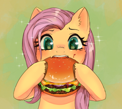 Size: 1580x1404 | Tagged: safe, artist:ponchik_art, imported from derpibooru, fluttershy, pegasus, pony, blushing, burger, cute, ear fluff, eating, fast food, female, food, green background, hoof hold, hungry, meat, messy eating, nose wrinkle, ponies eating meat, shyabetes, simple background, solo, sparkles, sparkly eyes, unshorn fetlocks