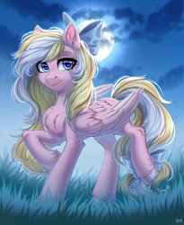 Size: 2700x3289 | Tagged: safe, artist:hakaina, imported from derpibooru, oc, oc only, oc:bay breeze, pegasus, pony, bow, commission, female, hair bow, moon, night, solo