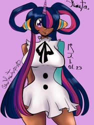 Size: 1152x1536 | Tagged: safe, artist:moutsupop, imported from derpibooru, twilight sparkle, human, anime, bianca alencar, brazil, clothes, cosplay, costume, dark skin, dress, female, horn, horned humanization, humanized, one piece, one piece film:red, purple background, simple background, solo, uta (one piece), voice actor joke
