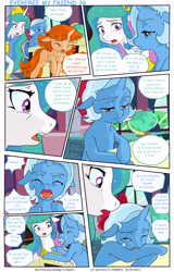 Size: 4953x7750 | Tagged: safe, artist:jeremy3, imported from derpibooru, princess celestia, trixie, oc, oc:flora, alicorn, pony, unicorn, comic:everfree my friend, comic, crying, eyes closed, female, filly, filly trixie, french, speech bubble, teary eyes, younger