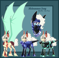 Size: 2800x2755 | Tagged: safe, artist:parrpitched, imported from derpibooru, oc, oc:midsummer song(fireverse), bat pony, latex pony, original species, armor, bat pony oc, bat wings, bondage mask, bound wings, commission, fireheart76's latex suit design, kink, knight, large wings, latex, latex mask, latex suit, mask, prisoners of the moon, reference, reference sheet, royal guard, rubber, rubber suit, visor, wings
