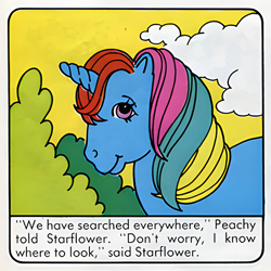 Size: 600x600 | Tagged: artist needed, safe, imported from derpibooru, starflower, pony, unicorn, comic:my little pony (g1), dialogue, female, g1, implied peachy, mare, moondancer's mischievous magic, official comic, offscreen character, scan, solo, upscaled