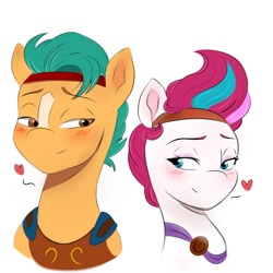 Size: 1378x1378 | Tagged: safe, artist:mango_moon190, imported from derpibooru, hitch trailblazer, zipp storm, earth pony, pegasus, pony, blushing, clothes, cosplay, costume, disney, duo, duo male and female, female, floating heart, g5, headband, heart, hercules, hitchzipp, lidded eyes, looking at each other, looking at someone, male, mare, megara, shipping, simple background, smiling, stallion, straight, white background