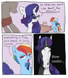 Size: 1280x1463 | Tagged: safe, artist:astralblues, imported from derpibooru, rainbow dash, rarity, pegasus, pony, unicorn, suited for success, comic, dialogue, female, hoers, man i'm so hungry / how hungry, mannequin, mare, meme, ponified meme