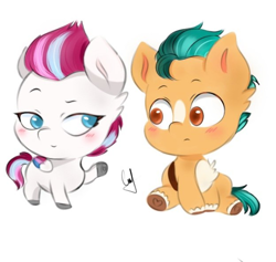 Size: 624x592 | Tagged: safe, artist:mango_moon190, imported from derpibooru, hitch trailblazer, zipp storm, earth pony, pegasus, pony, blushing, chibi, duo, duo male and female, female, folded wings, g5, hitchzipp, hoof heart, looking at each other, looking at someone, looking sideways, male, mare, raised hoof, scene interpretation, shipping, sitting, smiling, stallion, straight, tail, underhoof, unshorn fetlocks, wings