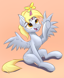 Size: 2042x2476 | Tagged: safe, artist:foxpit, imported from derpibooru, derpy hooves, butterfly, pegasus, pony, fake alicorn, fake horn, female, gradient background, looking right, mare, not an alicorn, open mouth, open smile, orange background, raised arm, simple background, sitting, smiling, solo, spread wings, underhoof, wings, yellow eyes, yellow mane
