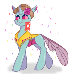 Size: 1080x1080 | Tagged: safe, artist:flower-black, imported from derpibooru, oc, oc only, oc:flower black, changedling, changeling, celebration, changedling oc, changeling oc, clothes, hat, not ocellus, simple background, solo, white background