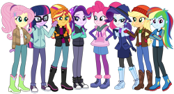 Size: 2000x1089 | Tagged: safe, artist:emeraldblast63, imported from derpibooru, applejack, fluttershy, pinkie pie, rainbow dash, rarity, sci-twi, starlight glimmer, sunset shimmer, twilight sparkle, human, equestria girls, alternate hairstyle, converse, humane five, humane seven, humane six, shoes, simple background, transparent background