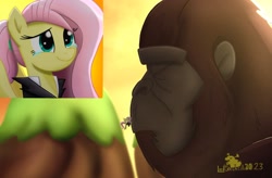 Size: 2581x1697 | Tagged: safe, artist:lordshrekzilla20, imported from derpibooru, fluttershy, ape, gorilla, kaiju, pegasus, pony, fanfic:a king to a god, black skull island, crying, fanfic art, king kong, monsterverse, petting