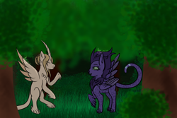 Size: 5400x3600 | Tagged: safe, artist:thecommandermiky, imported from derpibooru, oc, oc only, oc:artura, oc:miky command, alicorn, cheetah, hybrid, pegasus, alicorn oc, bipedal, bush, forest, grass, happy, horn, long tail, looking at each other, looking at someone, oc x oc, paws, pegasus oc, shipping, spread wings, tail, tree, wings