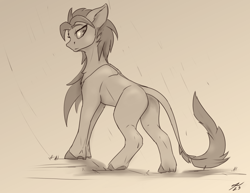 Size: 2800x2160 | Tagged: safe, artist:tenebrisnoctus, imported from derpibooru, earth pony, pony, butt, full body, leonine tail, monochrome, plot, side view, solo, tail