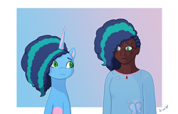 Size: 2800x1800 | Tagged: safe, artist:briarlight, imported from derpibooru, human, pony, unicorn, clothes, colored fetlocks, colored lineart, cornrows, cute, cutie mark on clothes, dark skin, duo, female, freckles, g5, green eyes, human paradox, human ponidox, humanized, mare, misty brightdawn, mistybetes, sad, self paradox, self ponidox, shading, simple background, transparent background