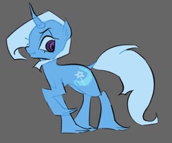 Size: 1472x1223 | Tagged: safe, artist:rennynation, imported from derpibooru, trixie, pony, unicorn, curved horn, dock, horn, smiling, solo, tail, unshorn fetlocks