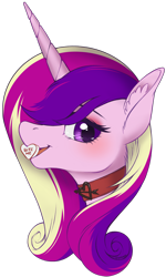 Size: 1328x2219 | Tagged: safe, artist:taytinabelle, derpibooru exclusive, imported from derpibooru, princess cadance, alicorn, pony, bust, candy hearts, choker, collar, ear fluff, female, holiday, looking at you, mare, mouth hold, open mouth, simple background, smiling, solo, transparent background, valentine's day