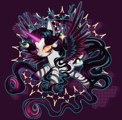 Size: 1280x1254 | Tagged: safe, artist:justsadluna, imported from derpibooru, oc, oc only, alicorn, pony, zebra, zebracorn, abstract background, alicorn oc, glowing, glowing horn, horn, makeup, running makeup, solo, wings