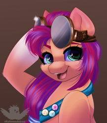 Size: 2000x2300 | Tagged: safe, artist:skyboundsiren, imported from derpibooru, sunny starscout, earth pony, pony, confident, cute, female, fluttershy's cutie mark, g5, goggles, goggles on head, looking at you, mare, my little pony: a new generation, open mouth, open smile, rainbow dash's cutie mark, sash, smiling, solo, sunnybetes, twilight sparkle's cutie mark, watermark