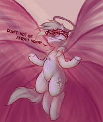 Size: 1908x2274 | Tagged: safe, artist:shepardinthesky, imported from derpibooru, derpy hooves, seraph, angel, angelic wings, belly, belly button, blind, blindfold, crown of thorns, dialogue, halo, multiple wings, seraphim pegasus, seraphim pony, sketch, solo, wings