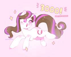 Size: 2048x1639 | Tagged: safe, artist:softpinkpony, imported from derpibooru, oc, oc only, oc:mystic muse, pony, unicorn, female, freckles, gradient background, mare, multicolored hair, multicolored mane, multicolored tail, pink background, pink eyes, simple background, smiling, solo, stars, tail, text, watermark, white coat