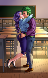 Size: 900x1462 | Tagged: safe, artist:pia-sama, imported from derpibooru, rarity, spike, human, alternate universe, chalkboard, classroom, clothes, desk, fanfic, fanfic art, female, hot for teacher, humanized, kissing, male, shipping, sparity, straight, teacher and student