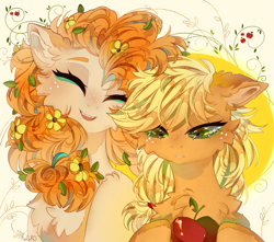 Size: 3399x3000 | Tagged: safe, artist:kefirro7, imported from derpibooru, applejack, pear butter, earth pony, pony, apple, cheek fluff, chest fluff, duo, ear fluff, eyes closed, female, floppy ears, flower, flower in hair, food, freckles, hairband, head tilt, leaves, leaves in hair, looking down, mare, mother and child, mother and daughter, open mouth, sad, teary eyes