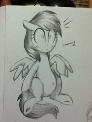 Size: 720x960 | Tagged: safe, artist:darkynez, imported from derpibooru, rainbow dash, pegasus, pony, belly button, floppy ears, shocked, solo, spread wings, surprised, traditional art, wide eyes, wings