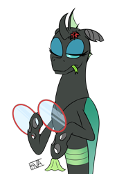 Size: 4000x5500 | Tagged: safe, artist:evan555alpha, imported from ponybooru, oc, oc only, oc:yvette (evan555alpha), changeling, insect, ladybug, broach, bust, changeling oc, cleaning, cloth, colored sketch, dorsal fin, evan's daily buggo ii, fangs, female, forked tongue, glasses, green tongue, holding, lidded eyes, one eye closed, round glasses, signature, simple background, sketch, solo, technicolor tongue, tongue out, transparent background
