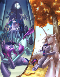 Size: 1024x1326 | Tagged: safe, artist:pixel-prism, imported from derpibooru, applejack, fluttershy, pinkie pie, princess celestia, princess luna, rainbow dash, rarity, star swirl the bearded, twilight sparkle, oc, oc:azalea, alicorn, earth pony, pegasus, pony, unicorn, fanfic:hard reset, autumn, canon x oc, canterlot castle, castle, element of generosity, element of honesty, element of kindness, element of laughter, element of loyalty, element of magic, elements of harmony, eyes closed, female, filly, foal, happy, hug, moon, not twilight sparkle, older, older twilight, twilight sparkle (alicorn), unicorn twilight, window, wings