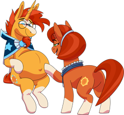 Size: 2319x2143 | Tagged: safe, anonymous artist, imported from derpibooru, stellar flare, sunburst, pony, unicorn, belly, belly button, big belly, butt, cloak, clothes, commission, commissioner:reversalmushroom, facial hair, female, fetish, glasses, goatee, jewelry, male, male pregnancy, mare, mother, mother and child, mother and son, necklace, outie belly button, plot, pregnant, scarf, simple background, smiling, sunburst's cloak