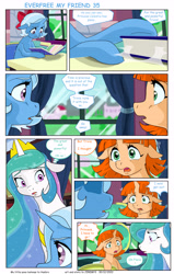 Size: 5762x9064 | Tagged: safe, artist:jeremy3, imported from derpibooru, princess celestia, trixie, oc, oc:flora, alicorn, pony, unicorn, comic:everfree, comic:everfree my friend, book, bow, comic, crying, dialogue, female, filly, foal, hair bow, horn, looking at each other, looking at someone, mare, thought bubble, unicorn oc