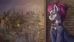 Size: 1920x1080 | Tagged: safe, artist:leastways, imported from derpibooru, oc, oc only, oc:fluid moves, earth pony, pony, fallout equestria, bust, commission, digital art, portrait, post-apocalyptic, scenery, solo, superhero costume, window