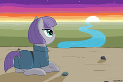Size: 1200x807 | Tagged: safe, artist:legendoflink, imported from derpibooru, maud pie, earth pony, pony, boulder (g4), cliff, clothes, dock, dress, dusk, female, lying down, mare, ms paint, no mouth, outdoors, prone, river, stars, sunset, tail, water, wingding eyes