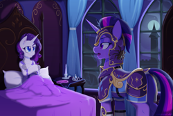 Size: 2175x1450 | Tagged: safe, artist:willoillo, imported from derpibooru, rarity, twilight sparkle, pony, spider, unicorn, bodyguard au, alternate universe, armor, bed, butt, commission, duo, ear fluff, fanfic art, female, horn, mare, moon, night, open mouth, plot, standing, unshorn fetlocks