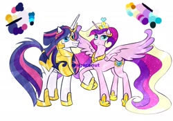 Size: 2388x1668 | Tagged: safe, artist:magoconut, imported from derpibooru, princess cadance, shining armor, alicorn, crystal pony, unicorn, alternate design, alternate universe, color palette, crystallized, ethereal mane, ethereal tail, future, older, older princess cadance, older shining armor, recolor, simple background, tail, white background