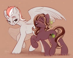 Size: 2375x1887 | Tagged: safe, artist:amishy, imported from derpibooru, oc, oc only, oc:dim bush, oc:lighty dust, earth pony, pegasus, pony, brown background, duo, duo female, eyes closed, female, freckles, lidded eyes, looking back, mare, open mouth, open smile, partially open wings, raised hoof, simple background, size difference, smiling, wings