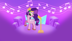 Size: 910x512 | Tagged: safe, artist:thread8, imported from derpibooru, pipp petals, pegasus, pony, g4, g5, g5 to g4, generation leap, microphone, microphone stand, music notes, rolling sky