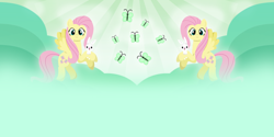 Size: 1024x512 | Tagged: safe, artist:thread8, imported from derpibooru, angel bunny, fluttershy, butterfly, pegasus, pony, hill, rolling sky