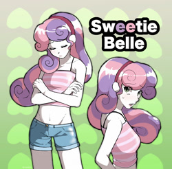 Size: 1124x1104 | Tagged: safe, artist:cyanesk, imported from derpibooru, sweetie belle, human, equestria girls, belly button, clothes, crossed arms, duality, eye clipping through hair, eyebrows, eyebrows visible through hair, eyes closed, female, frown, headband, midriff, older, older sweetie belle, open mouth, shorts, solo