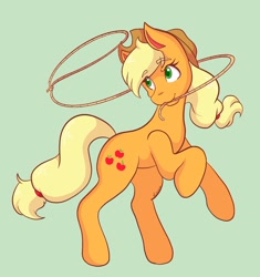 Size: 1640x1747 | Tagged: safe, artist:mscolorsplash, imported from derpibooru, applejack, earth pony, pony, applejack's hat, cowboy hat, cute, female, green background, hat, jackabetes, lasso, mare, mouth hold, rearing, rope, simple background, smiling, solo