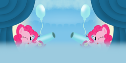 Size: 1024x512 | Tagged: safe, artist:thread8, imported from derpibooru, pinkie pie, earth pony, pony, balloon, curtains, party cannon, rolling sky