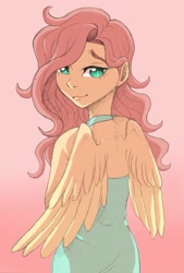 Size: 1057x1563 | Tagged: safe, artist:brot-art, imported from derpibooru, fluttershy, human, clothes, dress, female, gradient background, humanized, looking at you, looking back, looking back at you, pony coloring, smiling, smiling at you, winged humanization, wings