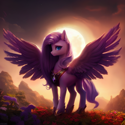 Size: 1280x1280 | Tagged: safe, editor:nightluna, imported from derpibooru, pinkie pie, pegasus, pony, ai content, ai generated, armor, backlighting, blue eyes, depth of field, ear fluff, female, flower, full body, generator:purplesmart.ai, generator:stable diffusion, hoof shoes, large wings, long mane, looking at you, mare, mountain, pegasus pinkie pie, peytral, pinkamena diane pie, prompter:nightluna, race swap, sky, smiling, solo, spread wings, standing, sun, the quality of ai art is frightening, wings
