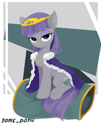 Size: 1880x2283 | Tagged: safe, artist:some_ponu, imported from derpibooru, maud pie, earth pony, pony, clock, crown, female, jewelry, mare, pillow, regalia, solo