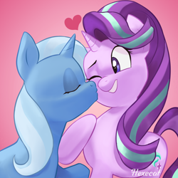 Size: 2500x2500 | Tagged: safe, artist:hexecat, imported from derpibooru, starlight glimmer, trixie, pony, unicorn, duo, duo female, eyebrows, eyes closed, female, gradient background, grin, heart, high res, kissing, lesbian, mare, one eye closed, shipping, signature, smiling, startrix