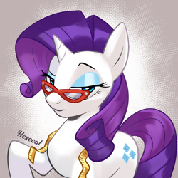 Size: 2500x2500 | Tagged: safe, artist:hexecat, imported from derpibooru, rarity, pony, unicorn, colored, female, glasses, gradient background, lidded eyes, looking at you, mare, measuring tape, raised hoof, rarity's glasses, solo