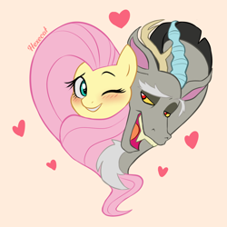 Size: 2500x2500 | Tagged: safe, artist:hexecat, imported from derpibooru, discord, fluttershy, draconequus, pegasus, pony, blushing, discoshy, duo, duo male and female, eyebrows, female, grin, heart, heart shaped, high res, looking at each other, looking at someone, male, mare, one eye closed, open mouth, open smile, shipping, signature, simple background, smiling, smiling at each other, straight, tan background, wink