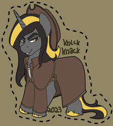 Size: 1428x1600 | Tagged: safe, artist:brainiac, imported from derpibooru, oc, oc:knick knack, pony, unicorn, badge, con badge, harmonycon, male, solo, stallion, text