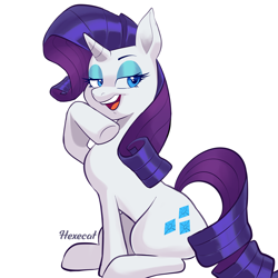 Size: 3000x3000 | Tagged: safe, artist:hexecat, imported from derpibooru, rarity, pony, unicorn, bedroom eyes, eyebrows, eyeshadow, female, high res, looking at you, makeup, mare, open mouth, open smile, raised hoof, signature, simple background, sitting, smiling, smiling at you, solo, white background