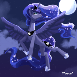 Size: 3000x3000 | Tagged: safe, artist:hexecat, imported from derpibooru, princess luna, alicorn, pony, cloud, crown, female, flying, high res, hoof shoes, jewelry, lidded eyes, looking up, mare, moon, night, peytral, regalia, signature, smiling, solo, spread wings, wings