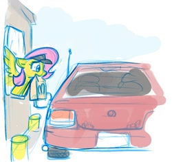 Size: 894x845 | Tagged: safe, artist:zutcha, imported from derpibooru, fluttershy, pegasus, pony, bag, car, drive thru, female, mare, mcdonald's, mouth hold, paper bag, sketch, solo, spread wings, visor cap, wings